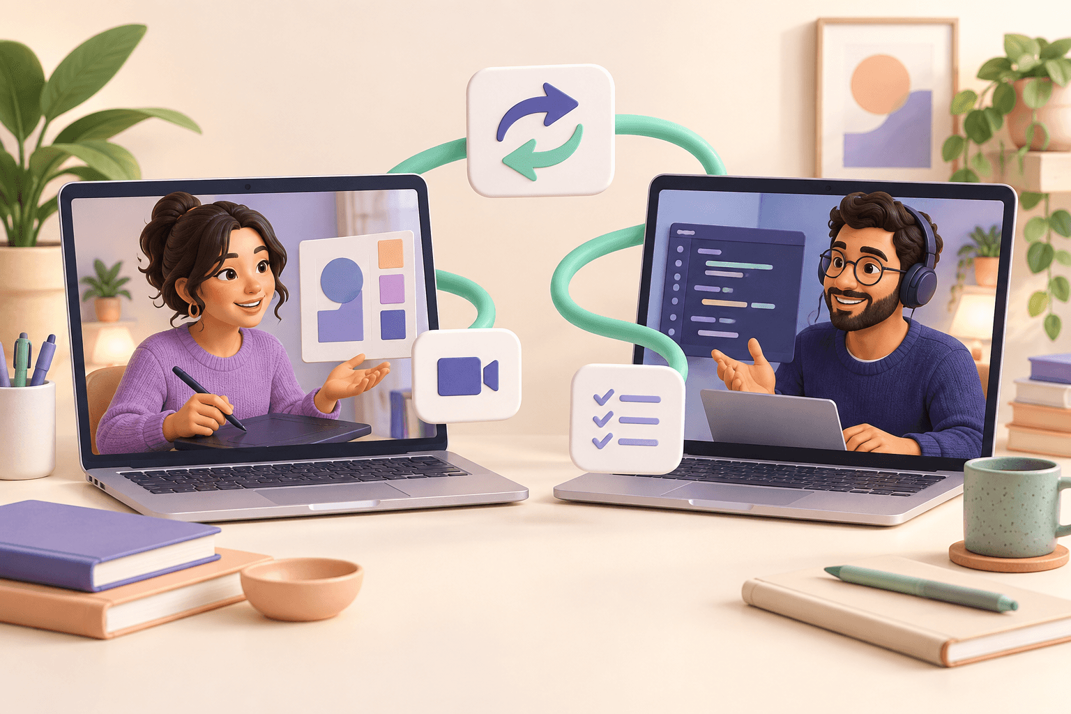 AI illustration of two people exchanging design and coding skills through online sessions
