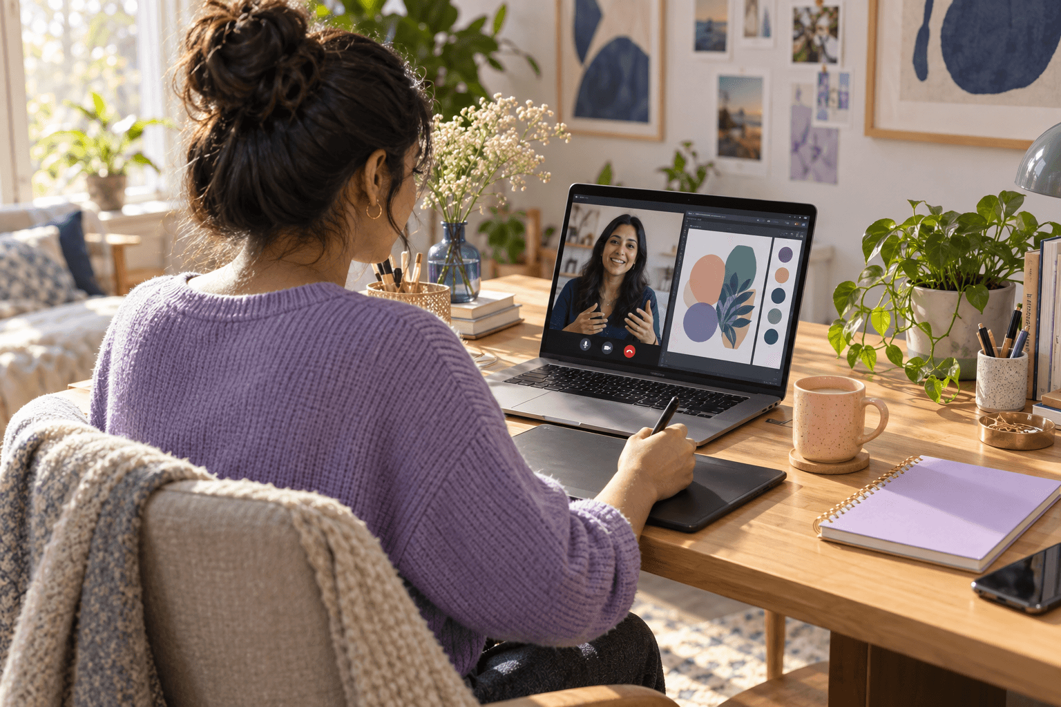 AI-created scene of a learner receiving personal design guidance over a video call
